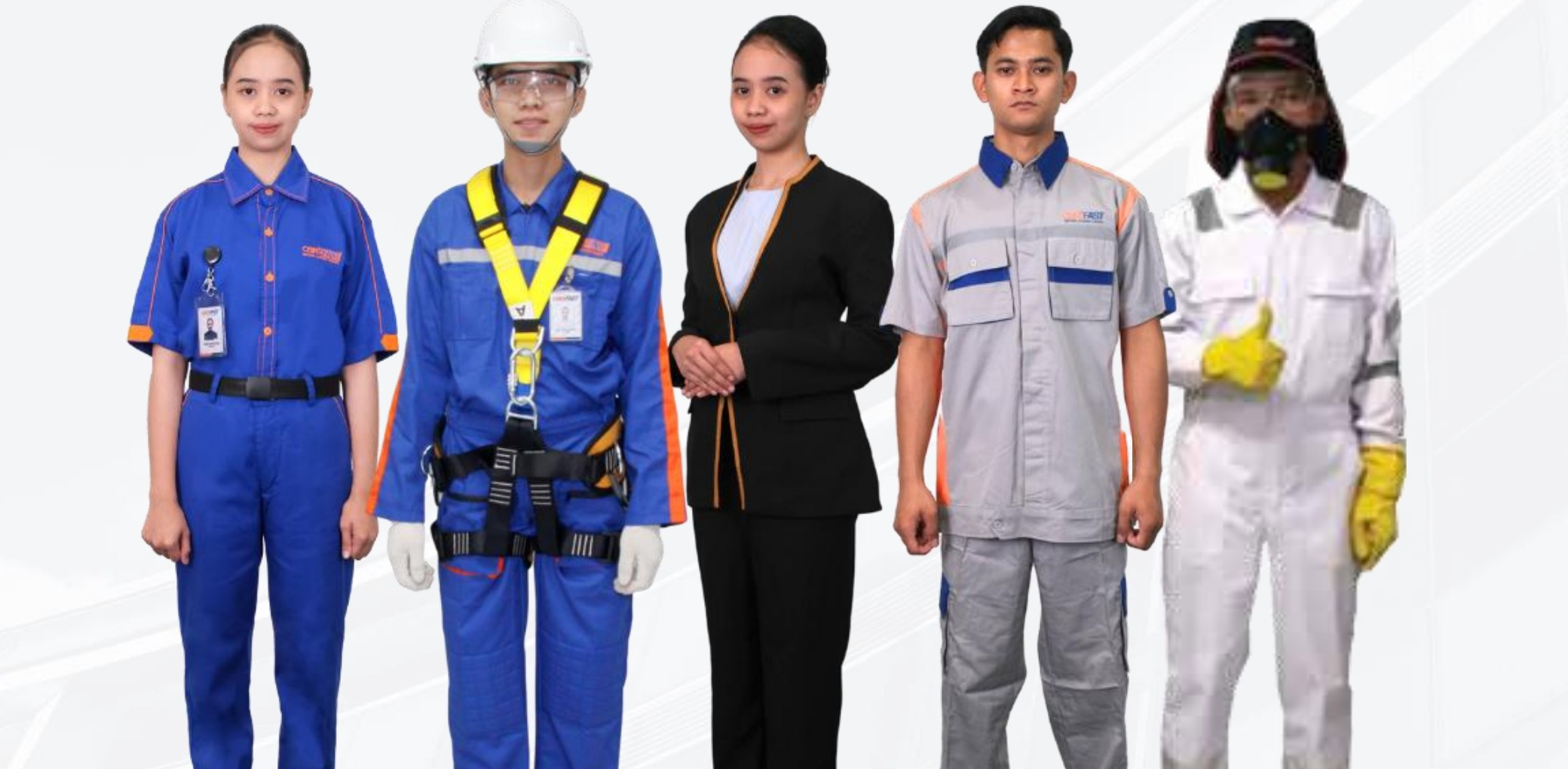 Lima karyawan Carefast dengan seragam cleaner, teknisi, admin, safety, dan pest control